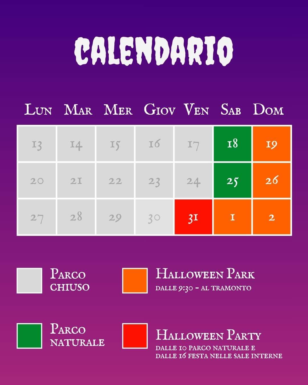 calendario Halloween park città della domenica