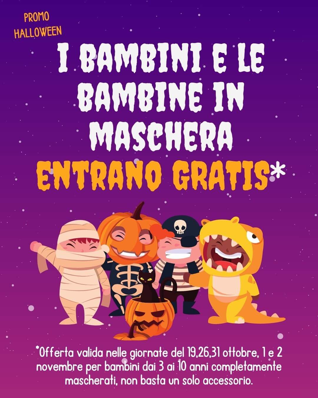i bambini in maschera entrano gratis all'halloween park